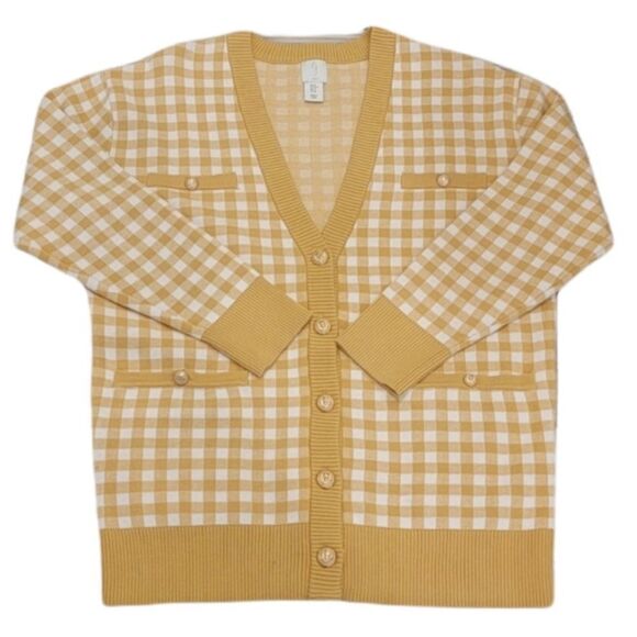 joie L XL Gold White Gingham Boyfriend Cardigan Gold Button Down Pockets - Picture 2 of 11